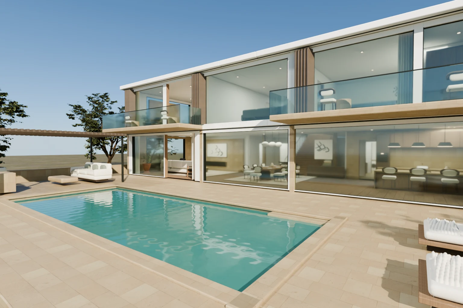 Turquoise swimming pool with travertine terrace and designer sun loungers
