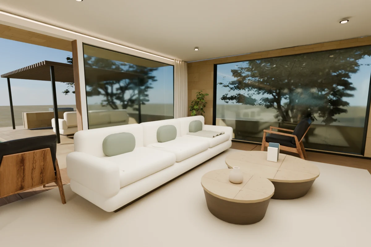 The living room, rendered from the furnished Blender duplex